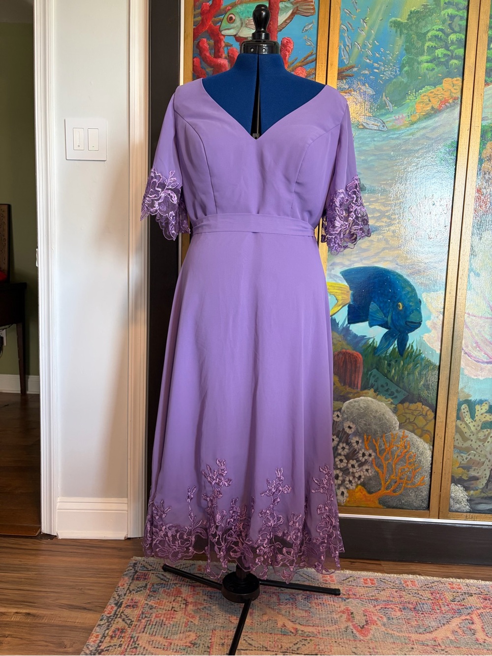 JJs House Lavender Midi Dress with Scalloped Lace Trim
